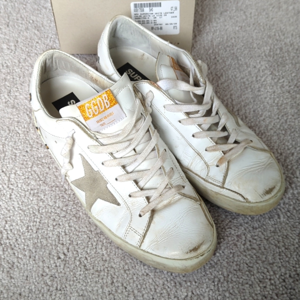 Authentic Golden Goose Superstar Sneakers, White, Size 39